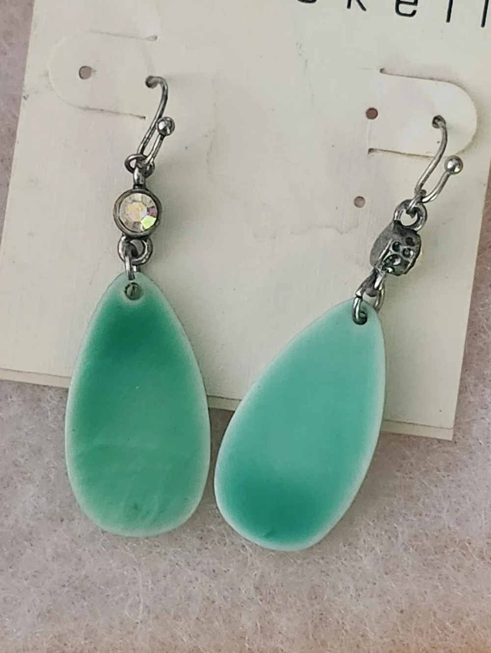 Miriam Haskell Green Teardrop Dangle Earrings with Clear Crystal